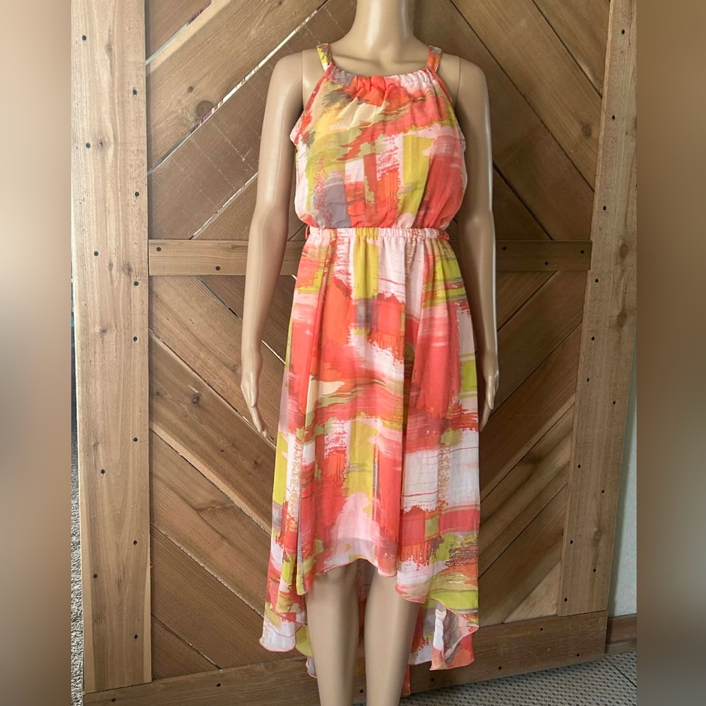 Cato Coral and Yellow Abstract Halter High-Low Dress